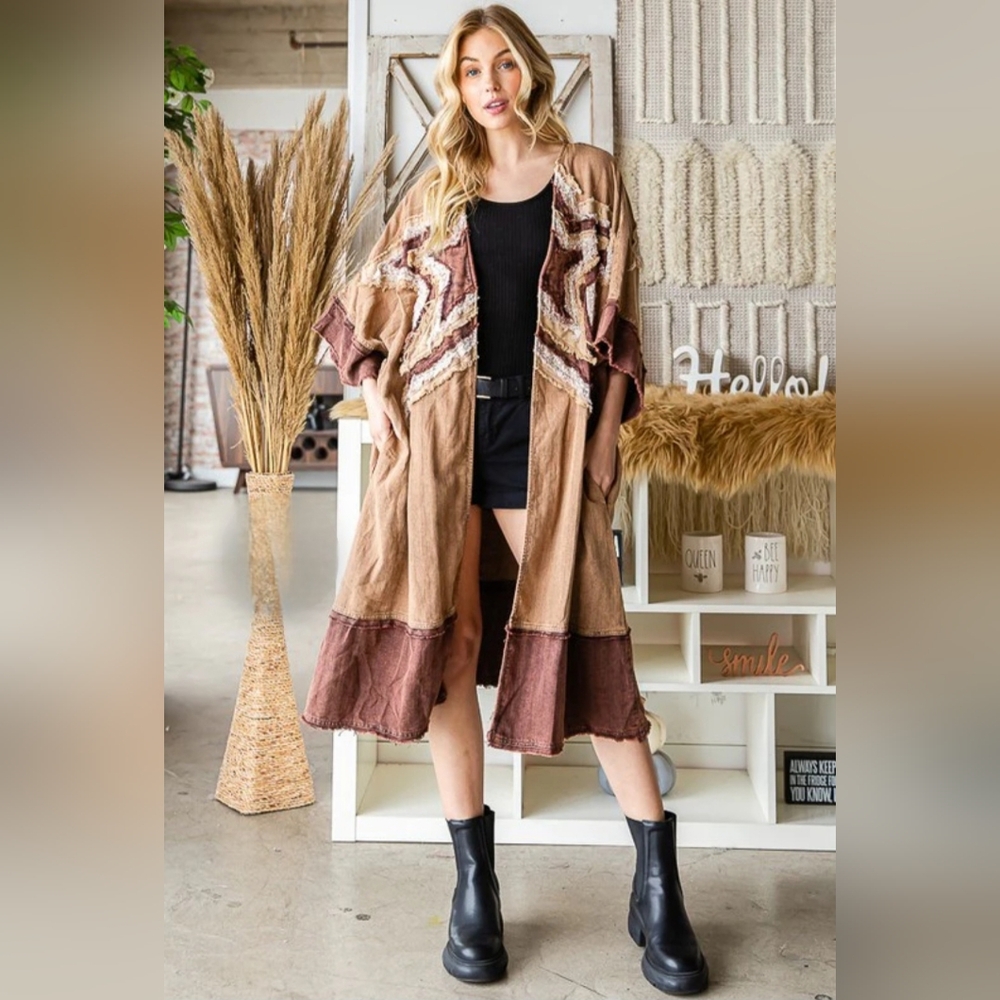 🐼#703 OLI & HALI WASHED STAR PATCHWORK COLORBLOCK KIMONO - Picture 5 of 6